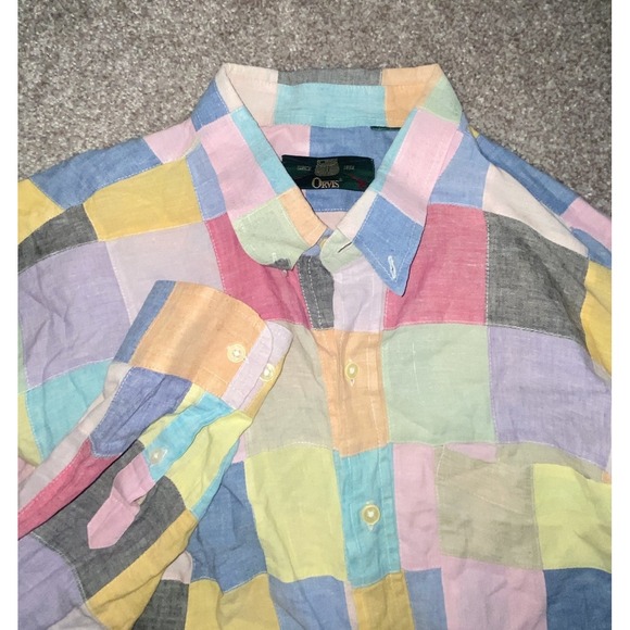 Vintage Orvis Shirt Men's XLPatchwork Pastel Indian Madras Long Sleeve Preppy - Picture 1 of 10